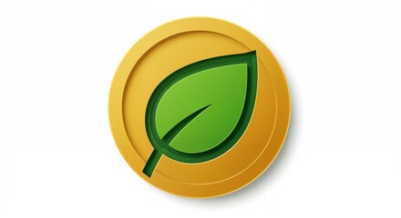 Green leaf logo on a golden coin background for eco-friendly concepts