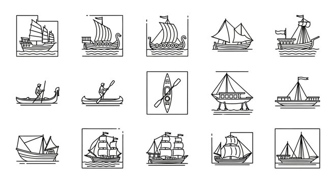 Collection of various boat types and watercraft in a line art style.
