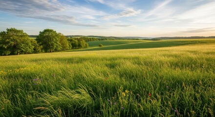 Vast green field under a partly cloudy sky, trees line the horizon, sunlight bathes the scene