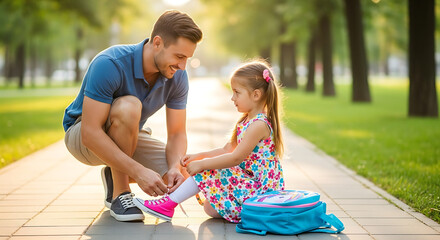 A caring father kneels to tie his daughter ' s shoelaces on a sunny pathway preparing her for school with love and attention to detail
