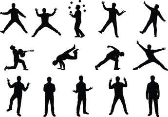 Vector illustration of man silhouettes in various poses including dancing, jumping, juggling, playing guitar, standing, and expressive movements.