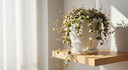 Elegant trailing houseplant in a white pot, bathed in soft morning sunlight on a minimalist wooden shelf, enhancing a serene and modern home interior with natural greenery