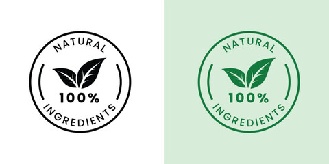 100% natural ingredients or Natural ingredients product icon vector. Organic ingredients green label stamp. 100% natural ingredients, organic bio pharmacy and natural skincare cosmetic product.