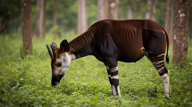 Okapi Grazing in Lush Forest - A Rare and Beautiful Sight.
