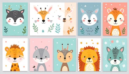 Cute animal portraits on cards.  Kids' art style