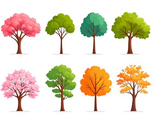 Colorful cartoon trees in various autumnal and spring colors