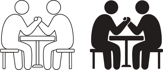Arm wrestling silhouette icons, competition figures, strength challenge, rivalry scene, black contour, white background, minimal style, sports interaction illustration