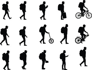 Vector illustration of traveler silhouettes with backpack walking, cycling, reading, carrying luggage, and commuting for tourism, lifestyle, and journey design.