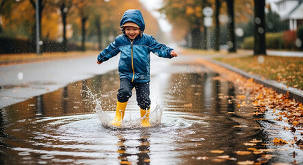 Joyful toddler splashing in a rain puddle on a wet autumn day wearing a hooded jacket and yellow boots epitomizing childhood fun