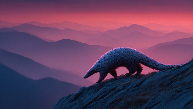 Majestic pangolin scales the rugged mountain peak at dawn, bathed in ethereal pink and purple light, a symbol of resilience and wonder.