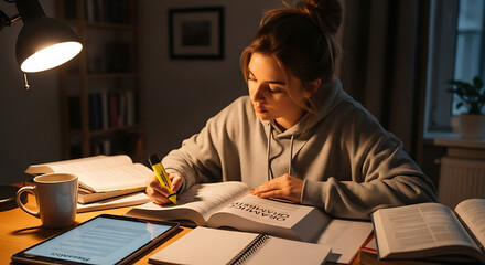 Student Studying : A young woman highlights notes in a textbook under a desk lamp creating a cozy study atmosphere with books and a tablet