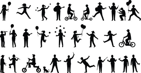 Human activity silhouettes, walking, dancing, juggling, biking, musical play, interaction, black contour, white background, minimal style, social movement icons