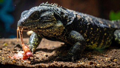 Close-up of a lizard eating prey