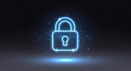 Glowing blue digital padlock with circuit board elements on a dark background representing cybersecurity and data protection.