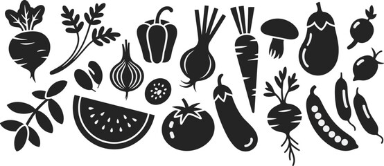 herb silhouette illustration, black produce icons for healthy eating, organic food, nutrition design, culinary elements, farm-to-table, seasonal harvest, food education visuals