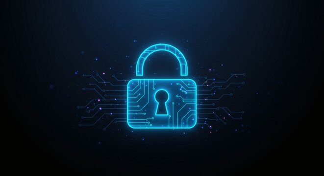 Glowing digital padlock on a circuit board background symbolizing cybersecurity.