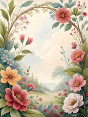 Romantic Watercolor Floral Garden Landscape.