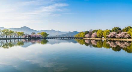 Obraz premium Scenic lake with cherry blossom trees reflecting in calm water 