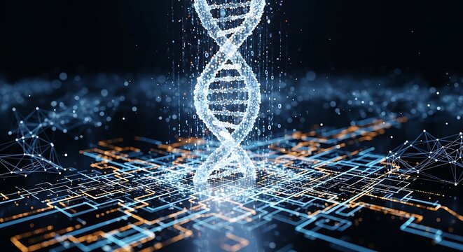 A digital representation of a DNA strand hovering above a complex network, illuminated by glowing lines of code and data points, showcasing a futuristic and technologically advanced concept. - Powered by Adobe
