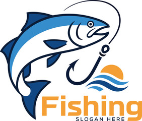 Obraz premium Fishing Logo Design with Jumping Fish, Hook, and Sunset Ocean Waves for Angling and Outdoors