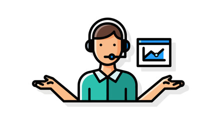 Customer service representative with headset and data chart icon.