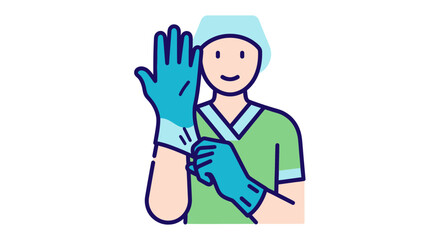 Cartoon illustration of a medical professional putting on gloves.