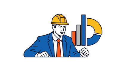 Engineer in a hard hat analyzing business data charts and graphs.