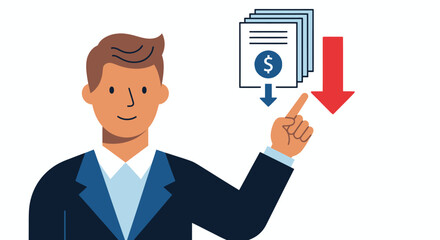 Businessman pointing to financial documents and a downward arrow.