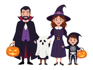 Halloween Family Illustration: A family dressed in Halloween costumes pose for a picture, with the father dressed as a vampire, the mother as a witch, one child as a ghost.