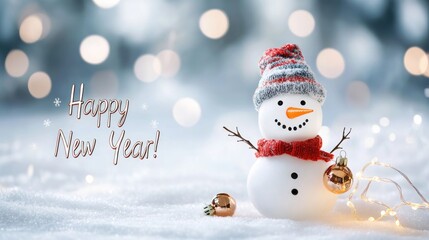 Obraz premium Festive snowman in winter wonderland holding golden ornament celebrating the new year
