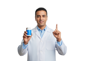 Smiling Doctor Promoting Medication on White Background