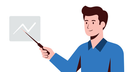 Young businessman giving a presentation with a chart and pointer.