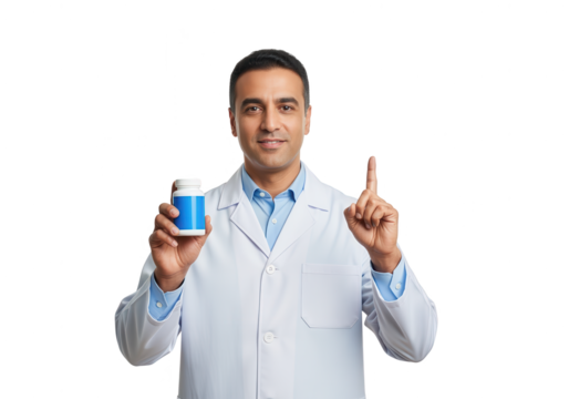 Smiling Doctor Promoting Medication on White Background
