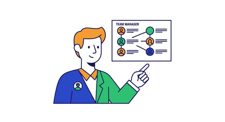 Male team manager presenting an organizational structure chart.