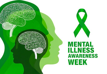 Mental illness awareness week graphic with green ribbon and brain illustration isolated on transparent background
