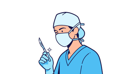 Illustration of a surgeon in scrubs holding a scalpel.