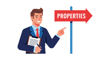 Professional real estate agent pointing to properties sign.