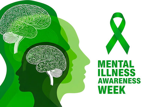 Mental illness awareness week graphic with green ribbon and brain illustration isolated on transparent background - Powered by Adobe