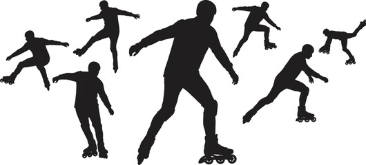 Rollerblading silhouette figures, dynamic skating poses, motion and balance, athletic movement, black contour, white background, minimal style, sports activity icons