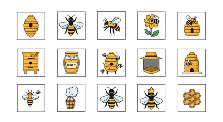 Set of colorful cartoon icons featuring bees honey and beekeeping elements.