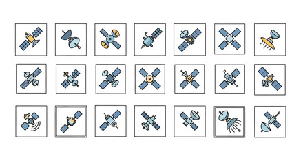 Set of colorful space satellite vector illustrations for technology.