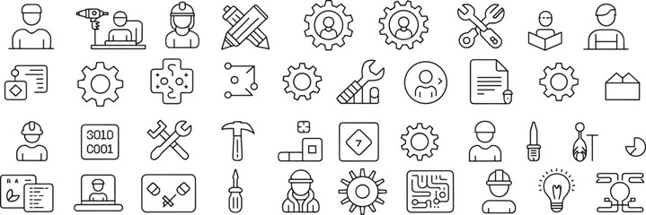 Engineering icons set, construction tools, technical professions, software development symbols, gear wrench laptop, black white line pack, innovation visuals