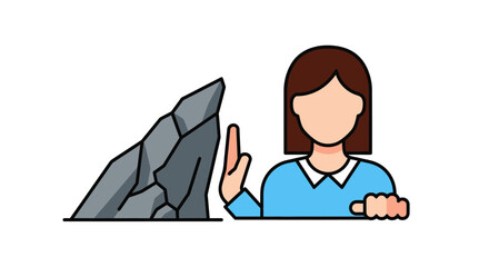 Woman Pushing Against a Large Rock Obstacle Illustration.