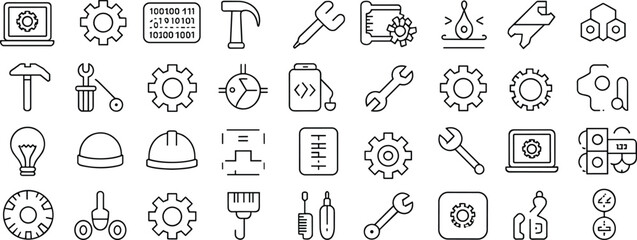 Engineering icons set, technology tools, coding symbols, mechanical parts, software development visuals, black white line pack, gear wrench laptop robot
