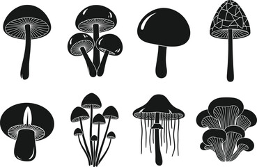 Black silhouette mushroom vector icons set showing edible fungi, wild forest mushrooms, organic botanical elements, natural food illustration for design