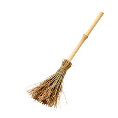 Simple Broom Made of Bamboo and Straw, Isolated on White Background
