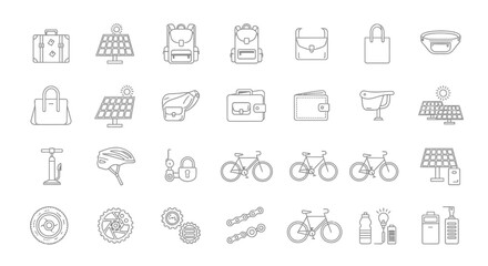 Sustainable Travel and Cycling Lifestyle Outline Icon Set.