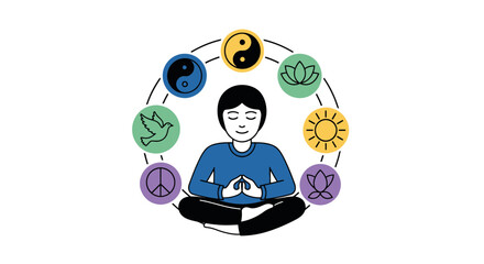 Meditating figure surrounded by symbols of peace and balance.