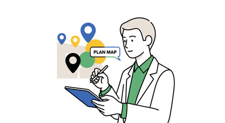 Businessman using a digital tablet and stylus to plan a map.