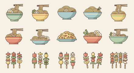 Various Asian Dishes and Skewers.